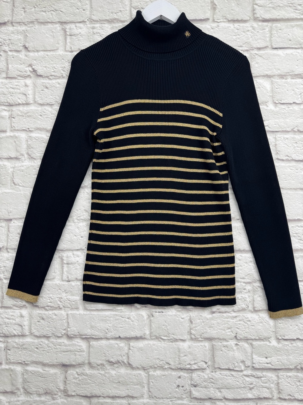 LAUREN RALPH LAUREN Metallic Gold Stripe Ribbed Turtleneck Sweater Size L Black